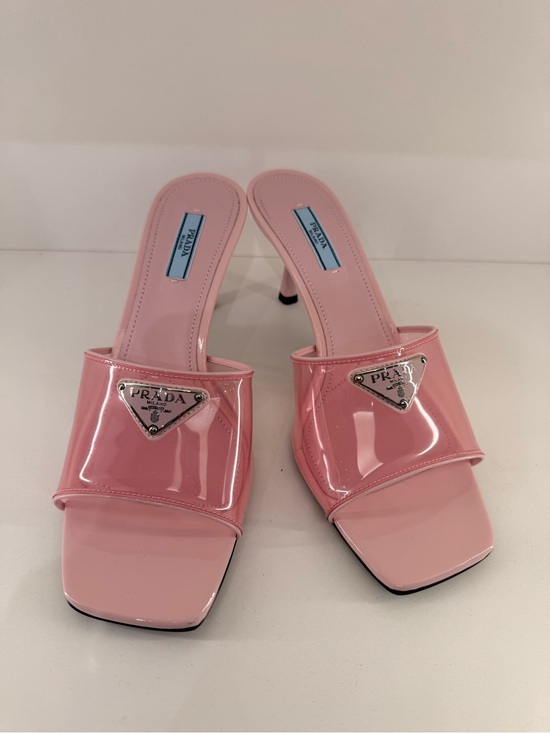 Prada Shoes - Prada Pink Patent Slide Mules with Triangle Logo